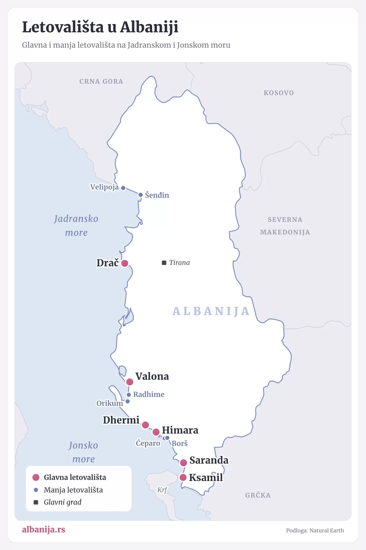 Mapa letovališta u Albaniji – Drač, Ksamil, Saranda, Valona, Himara, Dhermi i manja letovališta